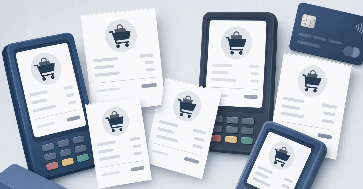 A professional illustration showing multiple credit card transaction receipts or payment terminal screens displaying the same merchant (Amazon) appearing with different name variations like "AMZN Mktp US", "Amazon.com", and "Amazon Web Services". The receipts should be arranged in a scattered pattern showing inconsistency. Use a clean, modern business illustration style with a muted color palette of blues and grays. No text or words should be visible on the image.