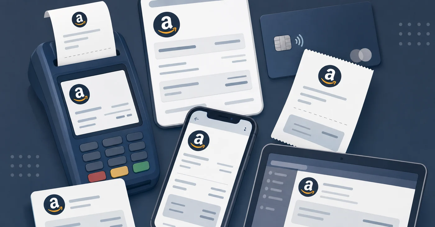 A professional illustration showing multiple credit card transaction receipts or payment terminal screens displaying the same merchant (Amazon) appearing with different name variations like "AMZN Mktp US", "Amazon.com", and "Amazon Web Services". The receipts should be arranged in a scattered pattern showing inconsistency. Use a clean, modern business illustration style with a muted color palette of blues and grays. No text or words should be visible on the image.
