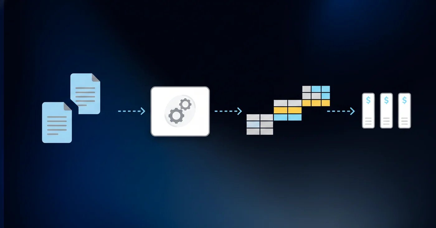 A clean, modern workflow diagram showing automated deferred revenue processing. Visual elements include: incoming contract documents flowing into a central system node, automated schedule generation represented by calendar grid blocks showing revenue recognition periods spread across months, and journal entries being created as output. Use a professional color palette with blues and grays. Show directional arrows indicating automated flow between stages: contract intake, schedule generation, and journal entry creation. Minimalist, technical illustration style suitable for accounting software documentation. No text, words, or letters.