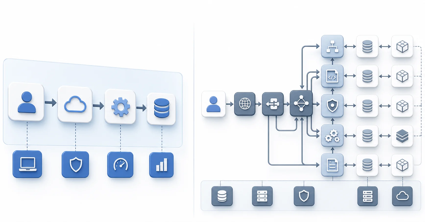 A professional technical diagram showing two parallel API architecture pathways side by side. On one side, a simpler modern REST API flow with clean linear connections. On the other side, a more complex XML-based web services architecture with multiple branching pathways and deeper integration layers. Use a minimal enterprise software style with blues, grays, and white. Show depth and complexity differences through visual structure - one streamlined, one more intricate with additional nodes and connections. Clean, technical illustration suitable for enterprise finance documentation.