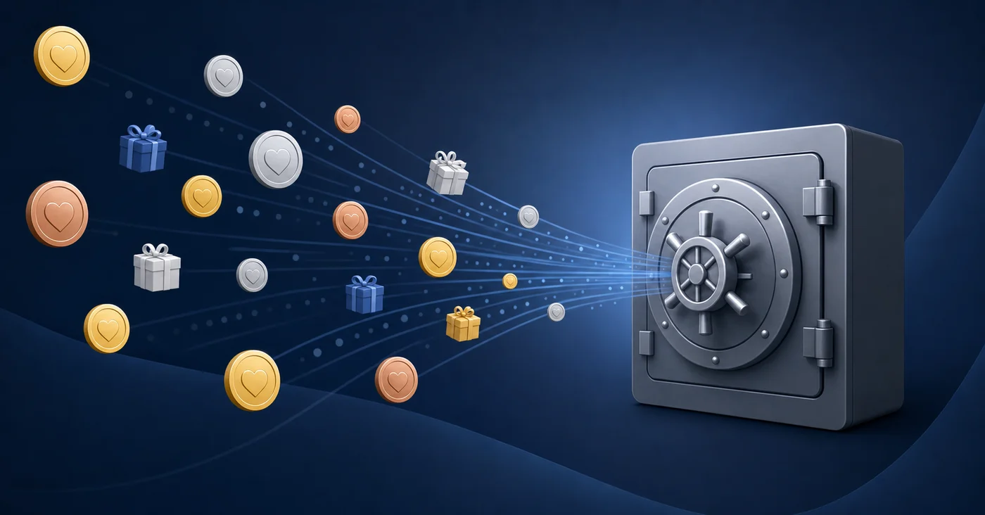 A clean, minimal illustration showing multiple small donation coins and gift icons flowing from different directions into a single large bank vault door, representing how many individual donations consolidate into one bank deposit. The coins and gift symbols vary in size and color to suggest different payment sources. The bank vault is solid and monolithic. The background is a soft blue-gray gradient. No text, letters, or numbers anywhere in the image.