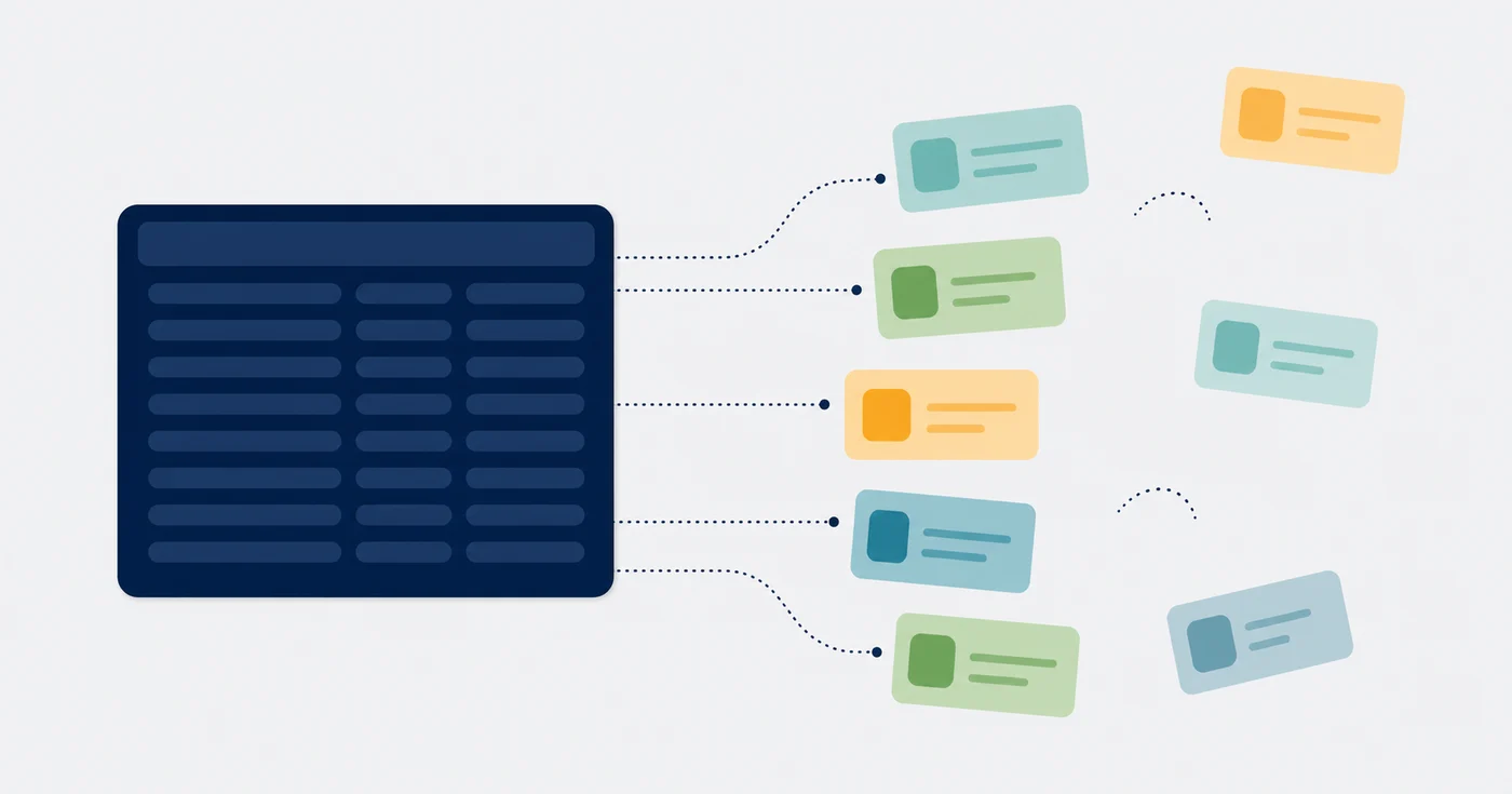 A clean, minimal illustration showing a single large bank ledger line on the left side and multiple smaller individual gift record cards fanning out on the right side, connected by dotted lines that fail to fully link up, leaving several cards unmatched and floating. The bank ledger is depicted as a solid rectangular block in dark navy blue. The gift record cards are smaller rectangles in varying shades of teal, green, and amber, representing different fund categories. Some dotted lines successfully connect from the ledger to cards, while others end mid-air, visually representing unresolved open items. The background is a soft light gray. No text, letters, numbers, or labels anywhere in the image.