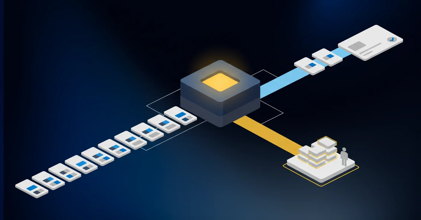A clean, modern isometric diagram showing a workflow bottleneck in financial transaction processing. Display a queue of credit card transactions with varying merchant name formats flowing toward a rules engine that's rejecting mismatched entries. Show some transactions passing through smoothly while others are diverted to a manual review pile. Use professional blues, grays, and amber warning colors. Geometric, minimal style with clear visual separation between automated and manual paths. No text or labels.