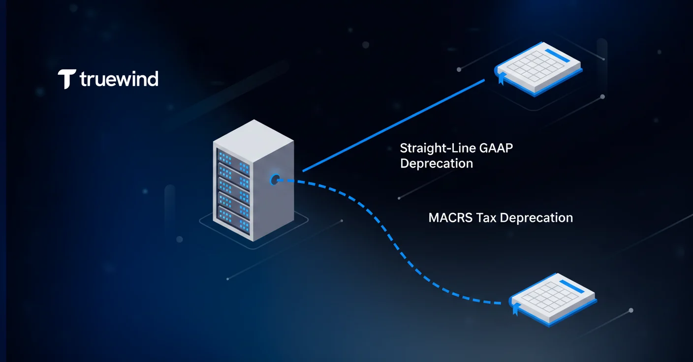 A clean, professional diagram showing a single fixed asset like office equipment or machinery at the center with two parallel depreciation paths branching from it. One path shows a straight diagonal line representing straight-line GAAP depreciation over time. The other path shows a curved, accelerated decline representing MACRS tax depreciation. Both paths lead to different ledger books or accounting registers. Use a modern, minimal style with blue and gray tones, isometric perspective, and clear visual separation between the two depreciation methods.