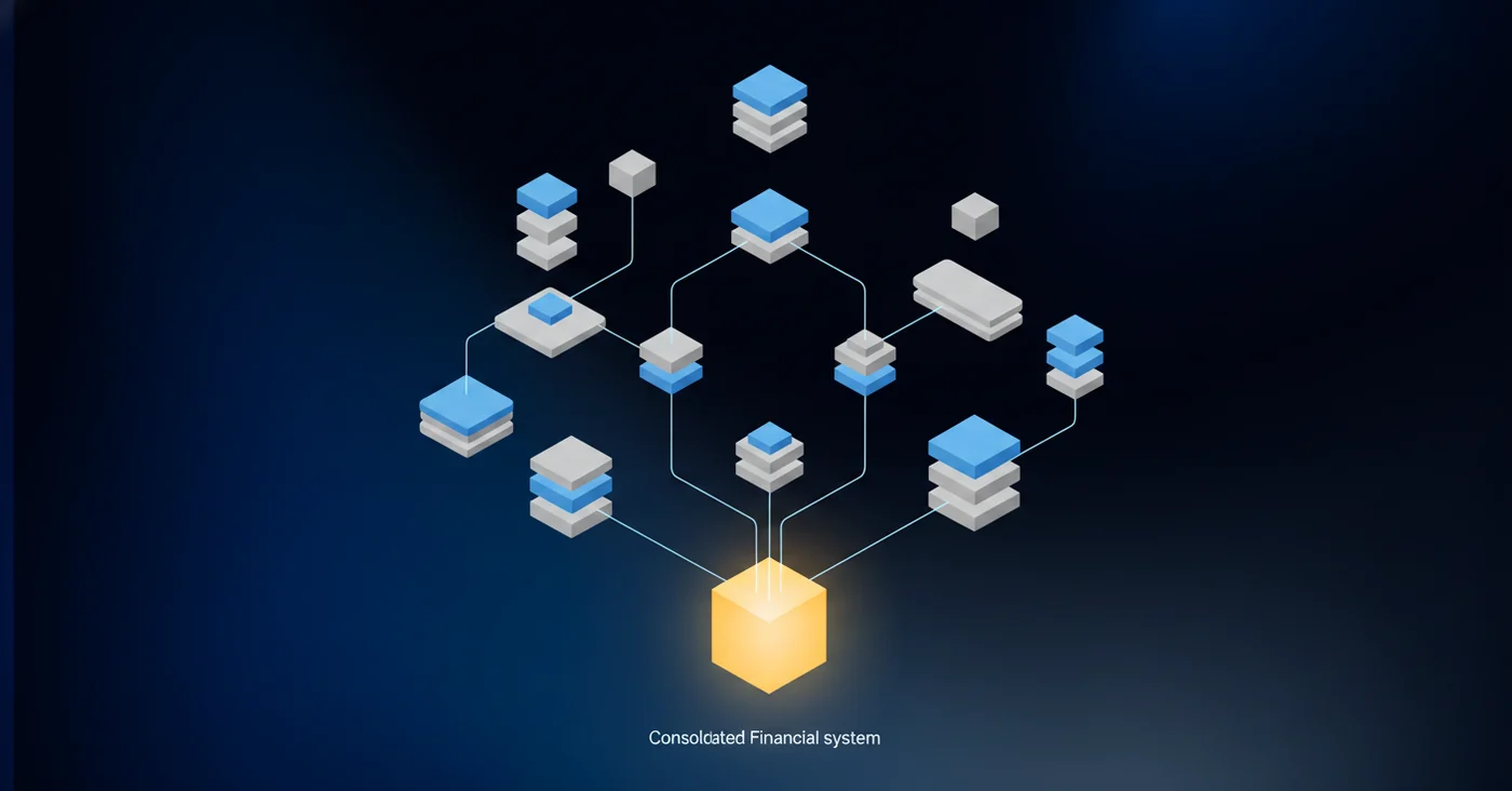 Multi-entity organizational chart showing various business entities and legal structures converging into a single consolidated financial system, modern minimal illustration style with blue and gray colors, clean lines showing hierarchy and connections between entities, isometric perspective