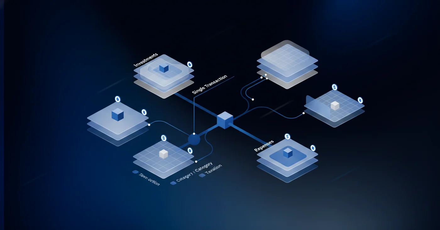 Modern abstract visualization of data dimensions and layers, showing interconnected nodes representing family office financial data tagged with multiple attributes, clean geometric shapes in blue and gray colors flowing through dimensional space, isometric perspective showing how single transactions branch into multiple categorization layers, minimal professional style with transparent overlapping planes representing different reporting dimensions