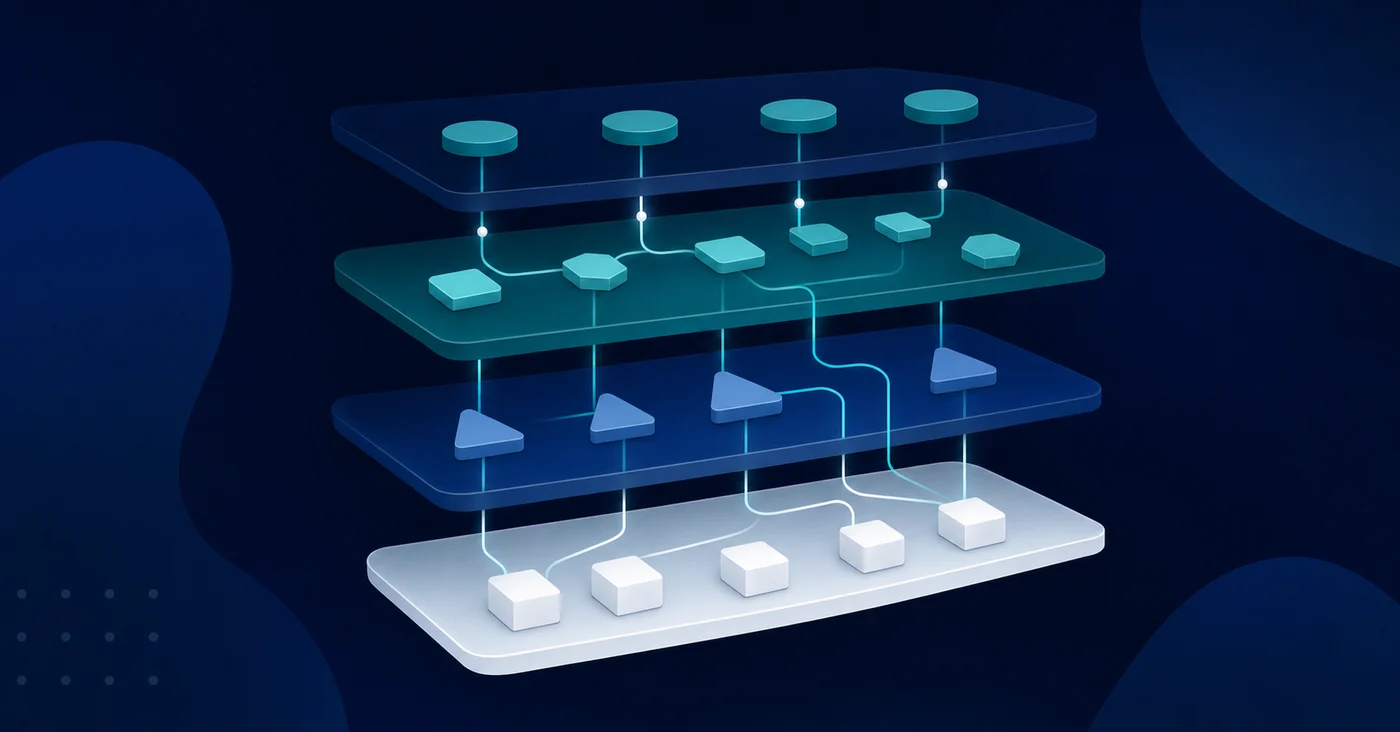 A clean, modern diagram showing a layered nonprofit fund accounting architecture. Multiple horizontal bands or layers representing different financial dimensions — Fund, Grant, Program, Location — with abstract geometric shapes and connecting lines flowing between them, illustrating how transactions get tagged across multiple dimensions simultaneously. Color palette of deep navy blue, teal, and soft white. Professional, data-visualization aesthetic with no text or labels.