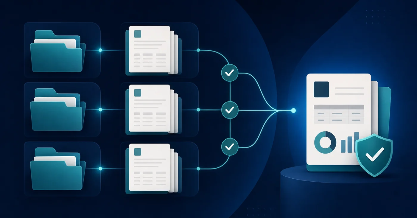 A clean, professional illustration of a nonprofit grant compliance and audit readiness workflow. Abstract geometric shapes representing multiple grant folders or financial report stacks arranged in an organized grid or layered structure, with soft connecting lines flowing between them suggesting data flow and verification checkpoints. Color palette of deep navy blue, teal, and warm white. Minimalist, data-visualization aesthetic with no text, labels, or letters anywhere in the image.