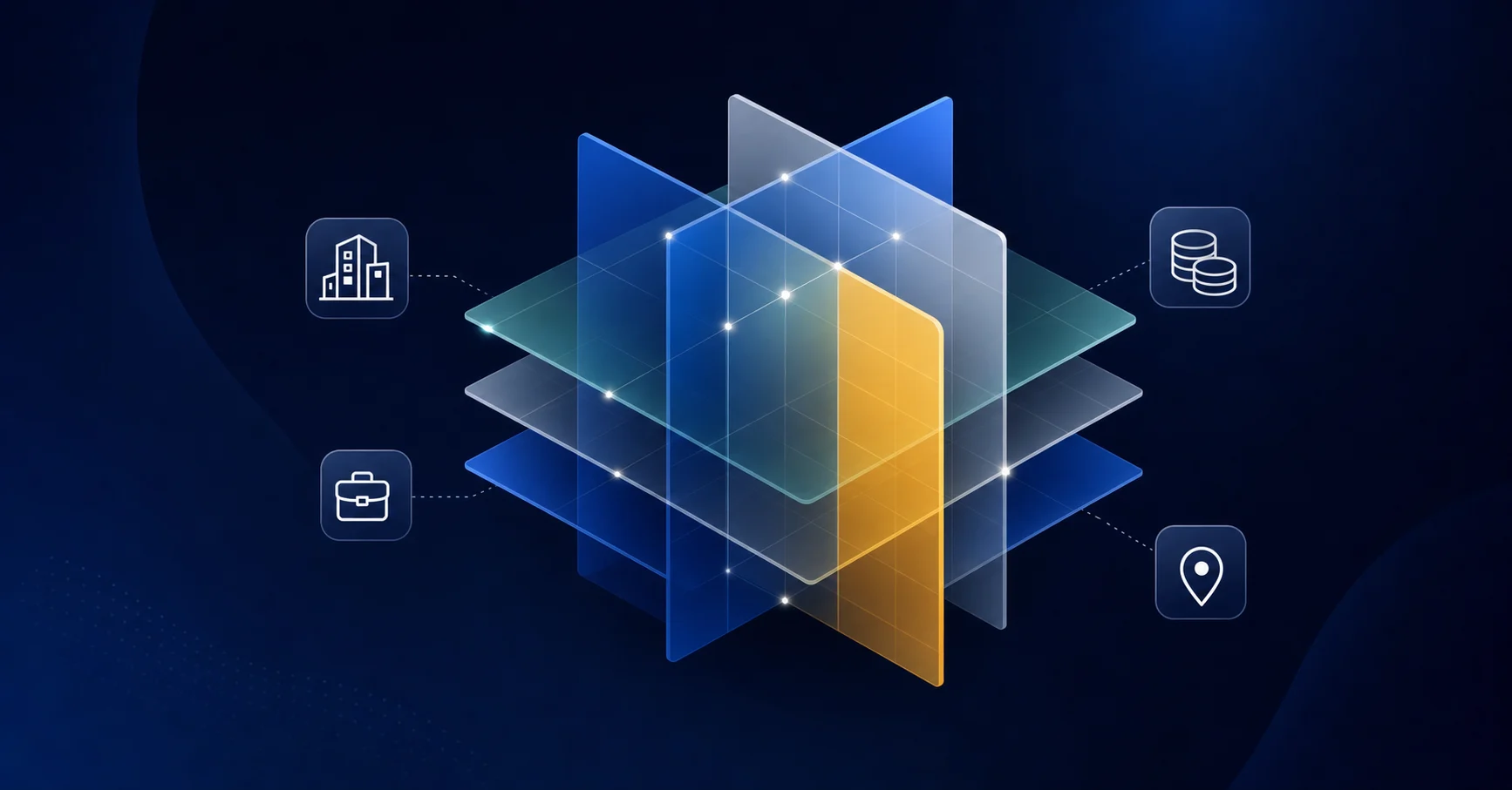 A clean, professional diagram showing multi-dimensional data architecture with intersecting planes or layers representing different business dimensions like entities, funds, departments, and locations. Modern minimal style with soft blues and grays, showing how dimensions can be combined independently without multiplication. Abstract geometric representation of flexible data tagging system, isometric view, professional accounting software aesthetic.