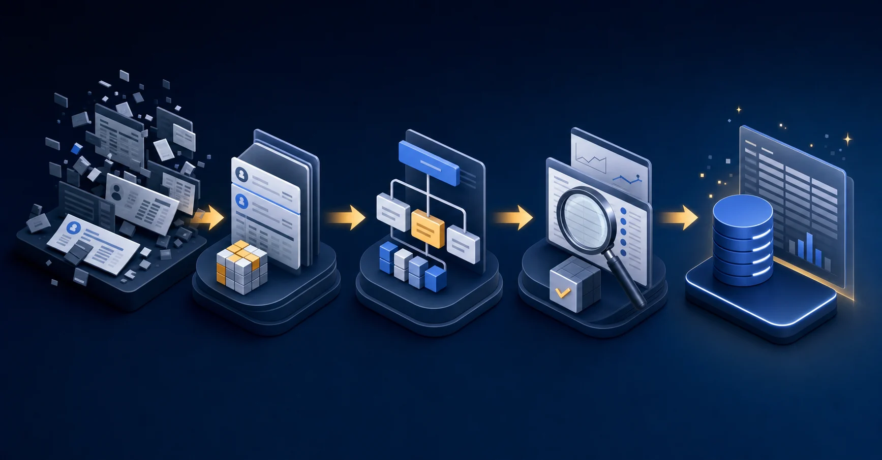 Professional diagram showing data cleanup workflow stages for enterprise software migration, with visual representation of vendor deduplication, chart of accounts rationalization, and open transaction review processes. Clean modern business illustration with flowing arrows connecting stages, abstract representation of messy data transforming into organized structured data, isometric view, professional accounting software aesthetic with blues and grays, no text or letters visible