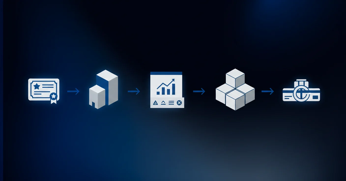 A clean, technical diagram showing the sequential steps of setting up a business entity in accounting software. Display five connected workflow stages with icons: a license certificate, a corporate building structure, a chart with account categories, dimensional cubes representing departments and locations, and bank account symbols. Use a professional blue and gray color scheme with arrows connecting each stage in a left-to-right flow. Modern, minimalist business illustration style with geometric shapes and clear visual hierarchy. No text or labels.
