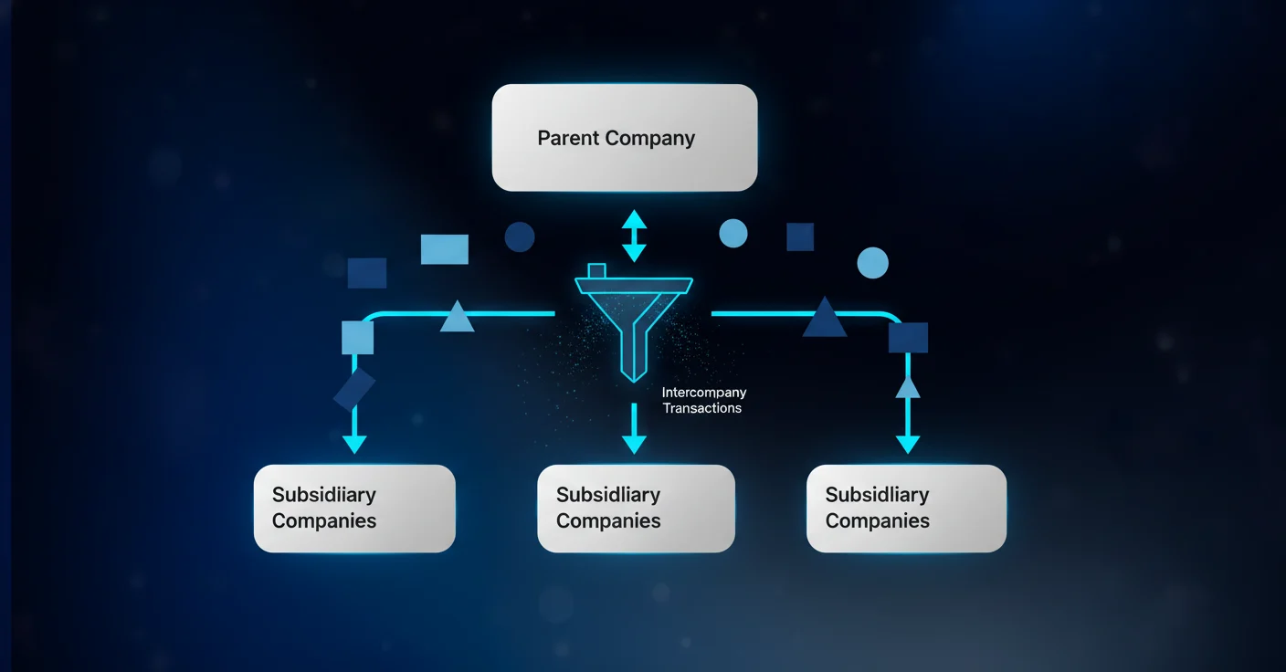 A clean, technical diagram showing multiple subsidiary company boxes with financial documents flowing upward toward a central parent company box at the top. Include visual elements representing intercompany transactions being eliminated through a filtering process. Use a professional blue and gray color scheme with arrows indicating data flow and consolidation. Show balance sheets and ledgers as abstract geometric shapes. Modern, minimalist business illustration style with clear hierarchical structure.