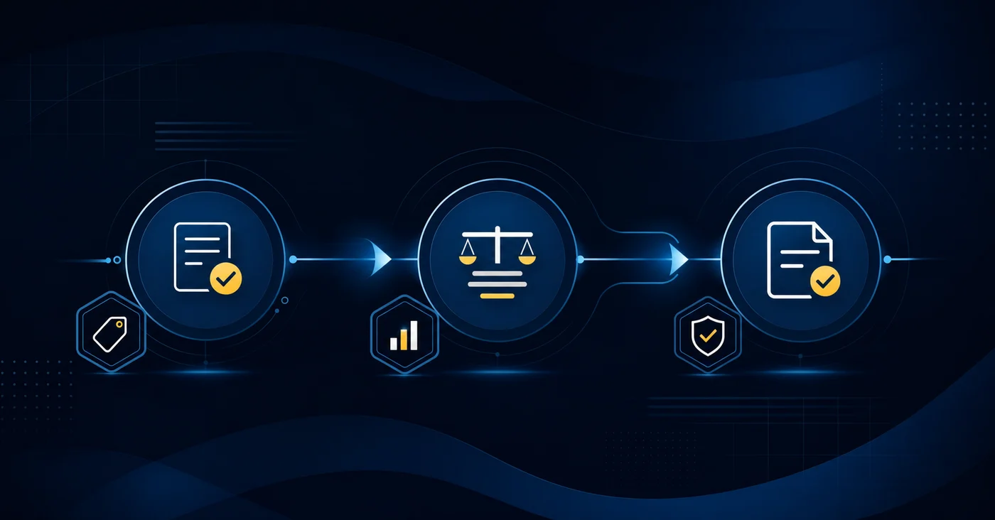 A clean, modern infographic-style illustration showing a three-stage sequential workflow for financial month-end reconciliation. Three circular or hexagonal nodes connected by flowing arrows, each node glowing in deep teal or navy blue, representing distinct verification checkpoints in a linear progression. Abstract financial ledger lines and geometric grid patterns in the background. Small geometric icons representing transaction tags, balance sheets, and audit trail symbols near each node. Minimalist, professional style with a dark navy and teal color palette, subtle gradient lighting, no text or labels anywhere.
