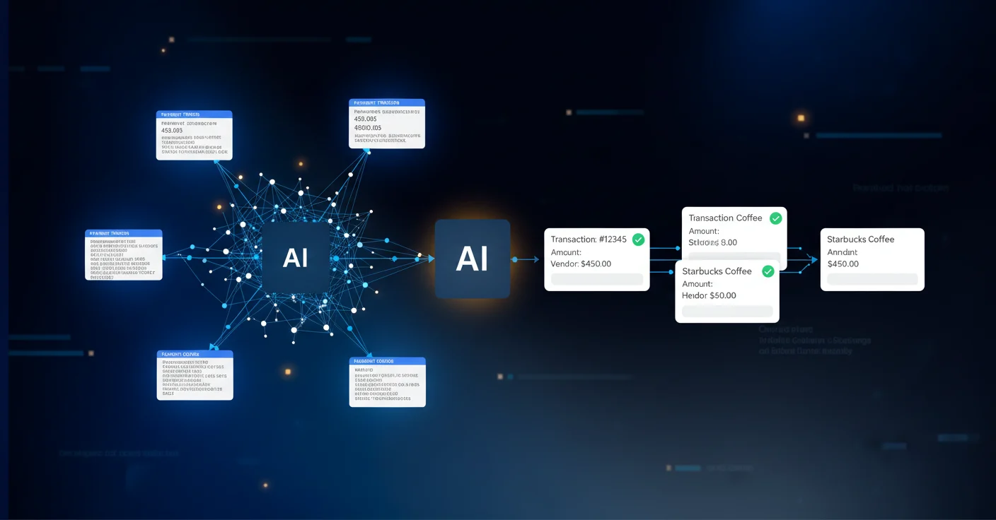 A clean, modern illustration showing artificial intelligence processing financial transactions. Visualize a neural network or AI system analyzing multiple transaction records with different variations - some with typos, different formats, and varying descriptions - and successfully matching them together. Use a professional blue and white color scheme with subtle geometric patterns representing data flow and pattern recognition. The image should convey accuracy, automation, and intelligent processing without any text or labels.
