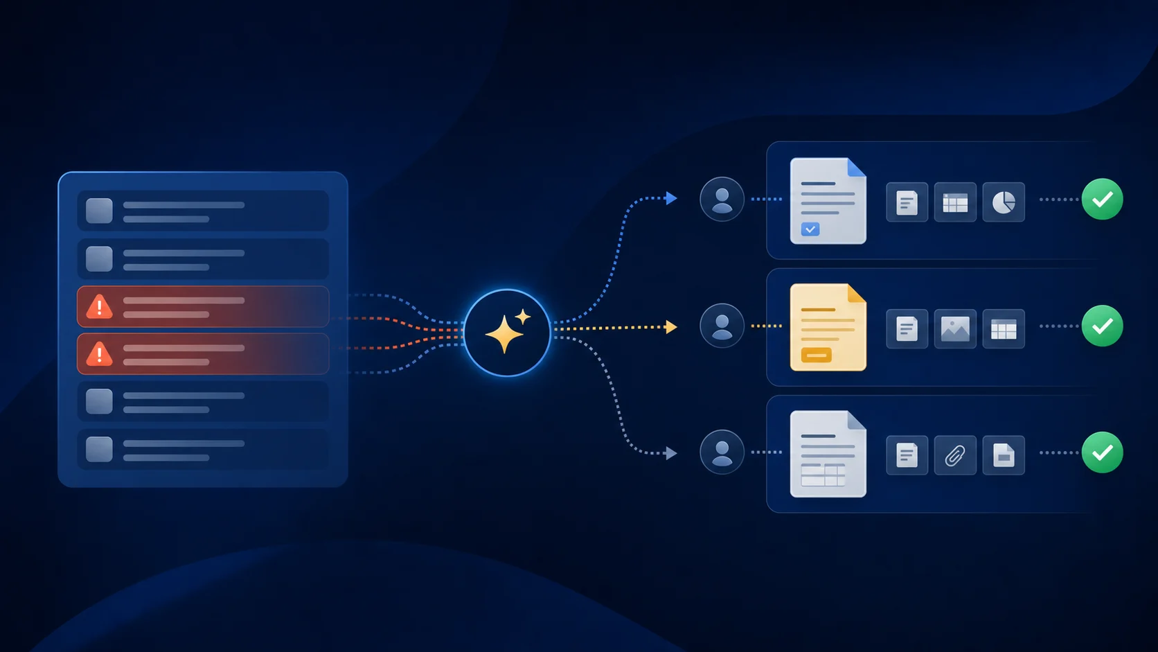 A clean, professional illustration showing an accounting exception management workflow. Display a queue system with items being automatically sorted and routed to different review paths. Show visual elements representing flagged transactions, documents with attachments, assignment indicators, and resolution checkmarks flowing through an organized system. Use a modern, minimal business illustration style with blues and grays. No text, words, or letters.
